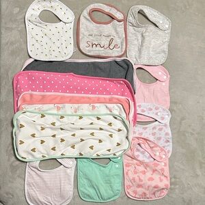 Assorted Baby Bib (8) & Cloths Set (5) - Pink, Gray, Green